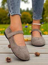 preiswerte Ballerinas für Damen-Beige Mary-Jane-Ballerinas mit weiter Spitze für Damen – bequeme Schuhe aus weichem Wildlederimitat für Freizeitausflüge, Spaziergänge im Garten und den Alltag