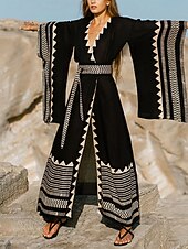 preiswerte Ausgefallene Kleider-Langes Damenkleid Maxikleid Boho-Kleid Freizeitkleid Swing-Kleid Sommerkleid Vintage Urlaub Alltag Strand Regular Fit Geometrisch 3/4-Ärmel V-Ausschnitt Schwarz Sommer Frühling Herbst