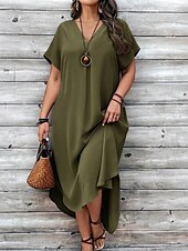 abordables Robes-Femmes Grande taille Robe Décontractée Couleur Unie Col en V Manche Courte Été Printemps Élégant Mode Moderne Occasionnel Robe Maxi Quotidien Fête Robe