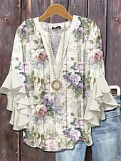 cheap Floral Tops-Easter Women&#039;s Blouse Floral Graphic Elegant Bohemia Ethnic 3/4 Length Sleeve V Neck Regular Tops Daily Holiday Vacation Wear Ruffle Print White Light Green Blue Purple Green Summer Spring Fall