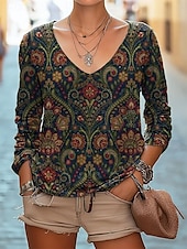 ieftine tricou boho-Pentru femei Bluză Floral Boemia Zilnic Manșon Lung În V Topuri obișnuite Zilnic Concediu Imprimeu Negru Alb Roșu-aprins Bleumarin Verde Smarald Vară Primăvară Toamnă