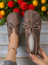 ieftine Mocasini de Damă-Balerini maro pentru femei cu vârf lat și accent de fundă – pantofi confortabili de inspirație vintage pentru plimbări de toamnă, întâlniri la țară și naveta zilnică