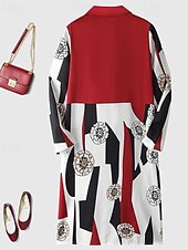 preiswerte Elegante Blumenkleider-Damen Langes Kleid Maxikleid Hemdblusenkleid Freizeitkleid Elegant Mode Modern Outdoor Party Ferien Normale Passform Farbblock Langarm Hemdkragen Wein Frühling Herbst