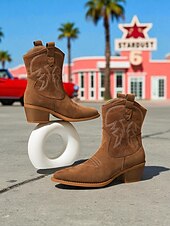 abordables Cowboy y botas occidentales-Botas vaqueras occidentales de gamuza marrón para mujer: cómodas botas de tacón de bloque con punta puntiaguda hasta media pantorrilla para mujer, estilo bohemio, ideales para festivales de música,