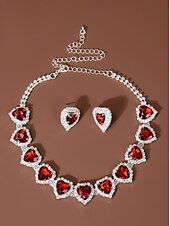 baratos Colar Feminino-Conjunto de colar e brincos de cristal com coração vermelho para mulheres - joias elegantes banhadas a prata para casamentos, festas e eventos formais