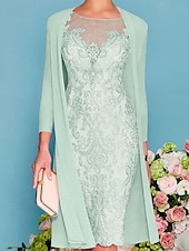 preiswerte Mit Jacke-Zweiteiliges Schlauchkleid Strandhochzeit Mutter der Braut Hochzeitsgast Elegant Juwelen-Ausschnitt knielang Chiffon Spitze 3/4 Ärmeln mit Wrap eingeschlossener Jacke Kleider mit Perlenapplikationen