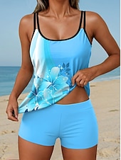 billiga Tankinis-Dam Badkläder Tankini 2 st Hög midja Baddräkt Öppen rygg Semester Standkläder Nyans Blommig U-hals Ärmlös Baddräkter
