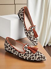 cheap Women&#039;s Slip-Ons &amp; Loafers-Women&#039;s Leopard Print Tassel Flats - Retro Style Pointed Toe Shoes with Orange Trim and Block Heel for Daily Wear &amp; Casual Outings
