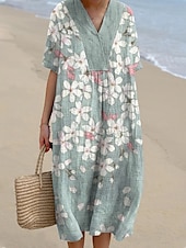 abordables Robes fleuries-Femmes Robe Midi Robe d&#039;Été Robe trapèze Vacances Occasionnel Chaussures de plage Soirée Sortir Plage Coupe Ample Fleuri Graphique Manche Courte Col en V Noir Vert Beige Été Printemps
