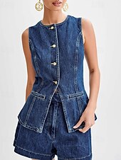 cheap Women&#039;s Blouse Suits-Women&#039;s Active Fashion Blouse Shorts Sets Sleeveless Crew Neck Solid Color Split Thigh Vacation Casual Daily Blue Summer Regular Fit