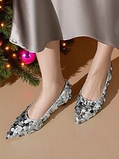 cheap Nightlife Party-Women&#039;s Silver Sequin Pointed Toe Flats - Sparkly Slip-On Dress Shoes for Cocktail Parties and Evening Events