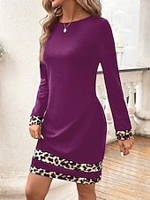 voordelige Gestreepte &amp; Geometrische Jurken-Dames Mini-jurk Schede jurk Casual Dagelijks Normale pasvorm Luipaard Lange mouw Strakke ronde hals Zwart Marineblauw Paars Zomer Winter