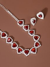 baratos Colar Feminino-Conjunto de colar e brincos de cristal com coração vermelho para mulheres - joias elegantes banhadas a prata para casamentos, festas e eventos formais