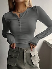 preiswerte Einfarbiges T-Shirt-Damen Bluse Einfarbig Stilvoll Basic Lässig Langarm Rundhalsausschnitt Normale Oberteile Täglich Knöpfe Schwarz Weiß Rosa Grün Grau Sommer Frühling Herbst