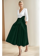baratos Vestidos de Cocktail-Vestidos de Coquetel A-Line Vestido Elegante Formal Casamento Comprimento Chá Comprimento Midi Manga Curta Decote em V Pregas Cetim com Bolso e Laço