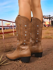 cheap Cowboy &amp; Western Boots-Women&#039;s Brown Western Cowboy Boots with Star Embroidery - Comfortable Block Heel Ankle Boots for Country Music Festivals, Outdoor Events, and Everyday Wear