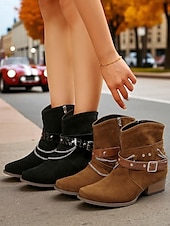 abordables Bottines-Bottines en daim marron pour femmes avec chaîne et ceinture - bottines à talons épais de style western tendance pour les tenues décontractées et les sorties d&#039;automne