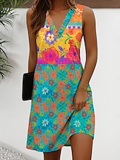 abordables Robes fleuries-Femmes Mini Robe Robe d&#039;Été Robe fourreau Vacances Occasionnel Quotidien Coupe régulière Fleuri Graphique Sans manches Col en V Jaune Rouge Bleu Vert Été Printemps