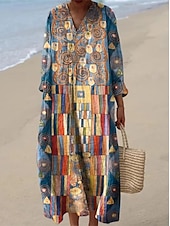ieftine Rochii cu dungi și geometrice-Pentru femei Rochii Midi Rochie de Vară Rochie A line Vacanță Casual Boho Ieșire Plajă Grafic Geometric Dunga Manșon Lung În V Negru Galben Roz Îmbujorat Roșu-aprins Vară Primăvară Toamnă
