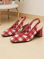 cheap Block Heels-Women&#039;s Red Gingham Slingback Block Heel Pumps - Retro Style Knit Dress Shoes for Comfortable Walking, Casual Picnic, Summer Parties, and Daily Office Wear