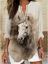 abordables Animaux Tops-Femmes Hauts d&#039;été Graphique Animal Damas ancien Tropical Hawaïen manche longue Col en V Hauts Réguliers Quotidien Fête Tenue de plage Imprimé Vert cendré Noir Gris Clair Été Printemps HORSE