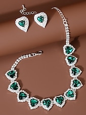 baratos Colar Feminino-Conjunto de colar e brincos de cristal com coração vermelho para mulheres - joias elegantes banhadas a prata para casamentos, festas e eventos formais