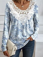 preiswerte Blumen-T-Shirt-Ostern Damen Bluse Blumen Grafik Pflanzen Elegant Mode Langarm V Ausschnitt Rundhals Normale Oberteile Täglich Ausgehen Wochenende Spitze Patchwork Druck Weiß Gelb Rosa Blau Sommer Frühling Herbst