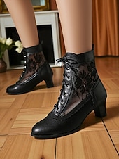 tanie Wiktoriański i Edwardiański-damskie czarne, koronkowe botki w stylu edwardiańskim - vintage'owe, siateczkowe, sznurowane, wiktoriańskie botki na średnim obcasie, idealne do mody gotyckiej, cosplayu i strojów w stylu lat 1900.