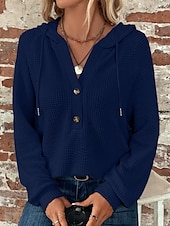 billige Teksturert hettegensere og sweatshirt-Dame Genser Fritid Helfarge Riflet Med hette Knapper Strikket Langermet Vanlige topper Strikke Daglig Ut på byen Helg Svart Hvit Høst