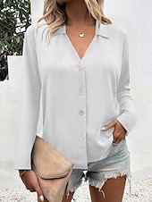 economico Top Semplici da Donna-Camicia da donna con bottoni blusa unicolore elegante casual a maniche lunghe scollata a V colletto regolare eleganti quotidiani stampa nera bianca blu fucsia estate primavera
