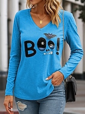 billige Dyrene tee-Halloween Dame T skjorte Grafisk Bokstaver Halloween Elegant Årgang Stilfull Langermet V-hals Vanlige topper Daglig Ut på byen Helg Trykt mønster Blå Lilla Oransje Grønn Vår Høst