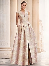 abordables FLORALES-Robe de soirée A-Line en jacquard floral verte élégante Robe de mariage formelle longueur au sol sans manches en V en nylon avec poche fente Robe invitée de mariage