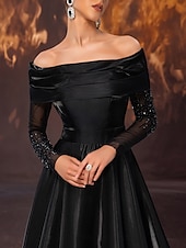 ieftine negru-Rochie neagră de seară, linie A, elegantă, rochie formală de mireasă, lungime la podea, fără mâneci, umerii goi, satin elastic cu pliuri, dantelă și mărgele, 2025