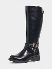 abordables Botas para montar-Botas de montar hasta la rodilla para mujer en color café con detalle de hebilla: botas clásicas de piel sintética de pantorrilla ancha para otoño, viajes y uso diario.
