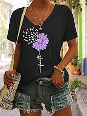 abordables T-shirt floral-Femmes T-shirt Fleuri Graphique Lettre Bohème ancien Élégant Manche Courte Col en V Hauts Réguliers Quotidien Sortir Week-end Imprimé Noir Blanche Rose Claire Violet Vert Été Printemps
