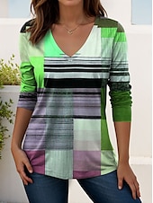 billige Stripe og geometrisk t-skjorte-Dame T skjorte Grafisk Geometrisk Årgang Stilfull Klassisk Langermet V-hals Vanlige topper Daglig Trykt mønster Rosa Blå Oransje Grønn Vår Høst