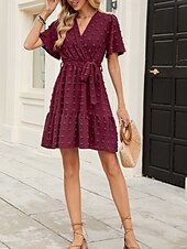 preiswerte Weißes Kleid-Damen Minikleid A Linie Kleid Sommerkleid Lässig Täglich Normale Passform Einfach Kurzarm V Ausschnitt Wein Sommer