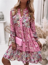 abordables Vestidos boho-Mujer Mini vestido Vestido informal Vestido bohemio Vestido de primavera Vacaciones Ropa de calle Vacaciones Calle Festivos Ajuste regular Floral Manga Larga cuello partido Rosa Azul Piscina Verde