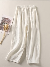 baratos Calça de linho de algodão simples-Mulheres Calças de linho de algodão chinês Estilo Étnico Básico Casual Comprimento total Cintura Alta Tecido Bolsos Com Cordão Conforto Exterior Com Stretch Férias Rua Diário Preto Branco fúcsia