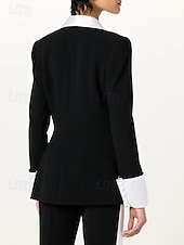 cheap Mom&#039;s Pant Suits-Black and White Women&#039;s Suits Top Mother of the Bride Blazer Elegant Shawl Lapel Neck Polyester Long Sleeve with Buttons Color Block 2025