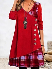 abordables Robe Rayée et Géométrique-Femmes Mini Robe Robe trapèze Occasionnel Quotidien Coupe régulière Plaid manche longue Col en V Noir Rouge Vert Gris Automne Hiver