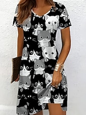 preiswerte Tiere kleiden-Damen Minikleid Freizeitkleid T-Shirt-Kleid A Linie Kleid Sommerkleid Urlaub Lässig Ferien Normale Passform Grafik Tiermotiv Katze Kurzarm Rundhalsausschnitt V Ausschnitt Schwarz und Weiß Gelb Rosa