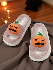 olcso Nőknek-női fehér, bolyhos halloweeni tökcipő – puha beltéri cipő vicces rajzfilmfigurás dizájnnal őszi és ünnepi otthoni viseletre