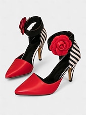 Χαμηλού Κόστους Ρετρό στυλ της δεκαετίας του 1950-Γυναικείες ριγέ γόβες στιλέτο εμπνευσμένες από τη δεκαετία του 1950 με λουράκι στον αστράγαλο με κόκκινο τριαντάφυλλο – ρετρό γόβες με μυτερή μύτη για πάρτι, παραστάσεις και βραδινά ραντεβού