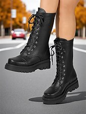economico Stivali da combattimento-Stivali da combattimento stringati in similpelle nera da donna – stivali a metà polpaccio in stile militare con suola spessa per abbigliamento streetwear autunnale e invernale, uscite casual, moda urbana