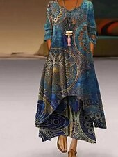 preiswerte Druck Blumen Kleider-Damen Langes Kleid Maxikleid Freizeitkleid Druckkleid Mode Modern Täglich Strand Wochenende Normale Passform Grafik Dreiviertelarm V Ausschnitt Blau Grau Frühling Herbst