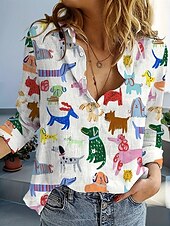 abordables Animaux Tops-Femmes Chemise Graphique Animal ancien Élégant Occasionnel manche longue Col en V Col de chemise Hauts Réguliers Travail Quotidien Boutons Imprimé Noir et Blanc Noir Bleu Arc-en-ciel Printemps