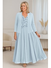 baratos Com jaqueta-Vestido de mãe da noiva em duas peças, corte A, com renda e miçangas, elegante, simples, luxuoso, decote em V, comprimento até o chão, comprimento longo, chiffon, manga curta com jaqueta de crepe