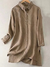 abordables Chemises-Femmes Chemises en coton et lin Couleur Unie Élégant Basique Occasionnel manche longue Col de chemise Hauts Longs Quotidien Boutons Blanche Vert Véronèse Kaki Été Automne