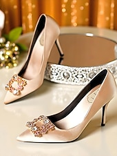 ieftine Pantofi clasici-Tocuri înalte cu vârful ascuțit din satin auriu pentru femei - pantofi eleganți cu cataramă cu strasuri pentru cocktailuri și evenimente de seară